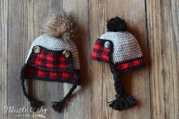 2 plaid crocheted baby trapper hats