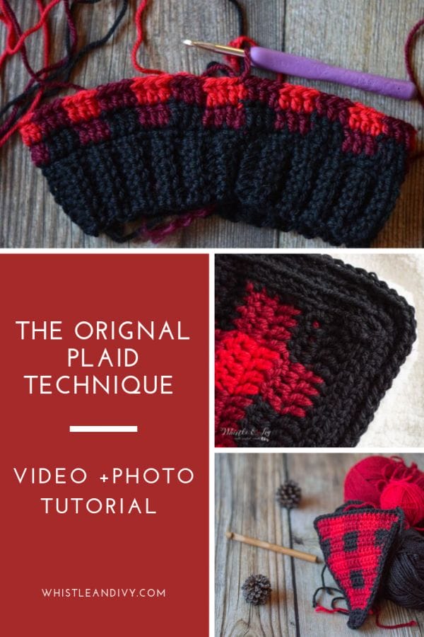 Learn how to crochet buffalo plaid --  three images of crocheting plaid - one plaid hat-in-progress, a sample of a finished plaid project, and a plaid triangular bunting