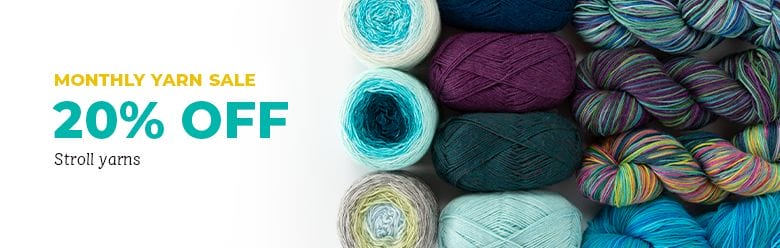 An image that says "Monthly Yarn Sale - 20% off - Stroll Yarns" and shows examples of different Stroll yarns.