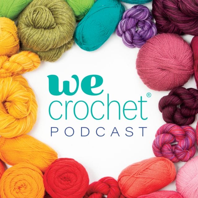 WeCrochet Podcast Logo, surrounded by colorful yarn.