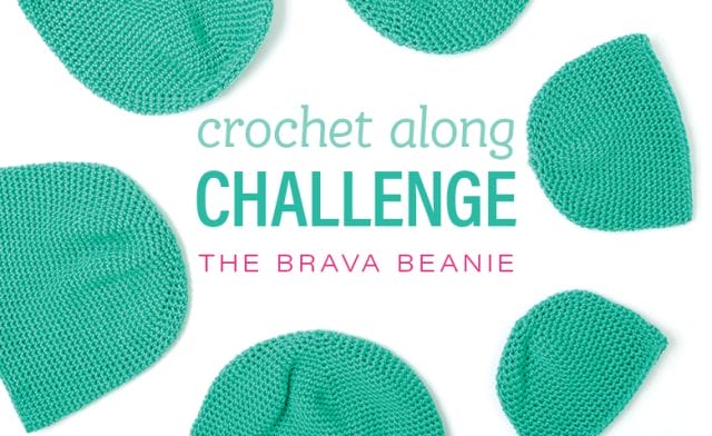 A logo for the Crochet Along Challenge: The Brava Beanie, featuring 6 different sizes of crocheted hats in green