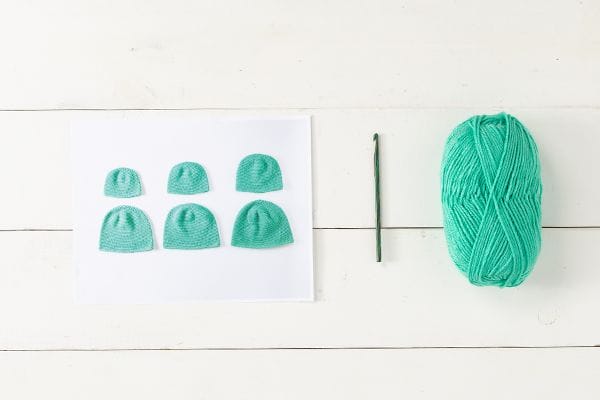 A picture of the Brava Beanie Project Kit, which contains a printed Brava Beanie pattern, a green Caspian wood crochet hook, and a ball of Brava Worsted yarn.