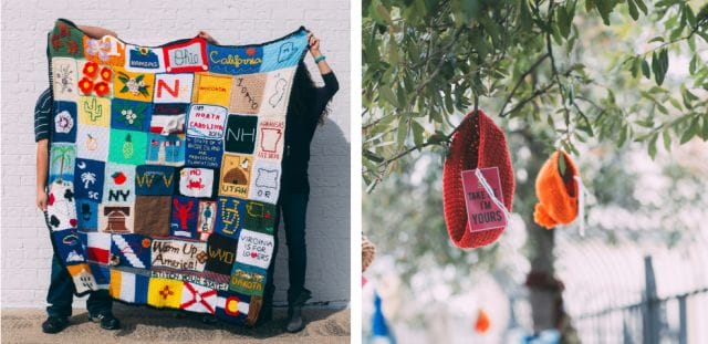 On the left, A picture of volunteers holding up an afghan made of various knitted and crochet squares. On the right, hats hang on a tree, with a tag that says "take me, I'm yours."