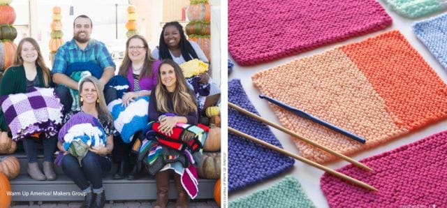 On the left: Volunteers from the Warm Up America Makers Group sit with afghans on their laps. On the right: colorful knitted rectangles.