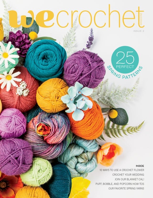 A picture of the cover of WeCrochet Magazine Issue Two, featuring colorful yarns and flowers
