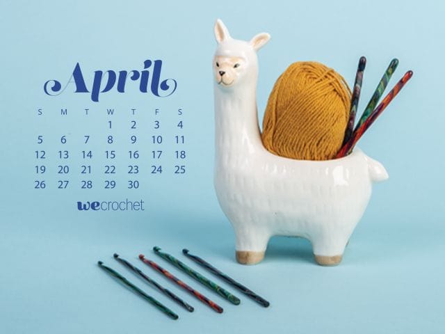 An image of an alpaca-shaped bowl holding a ball of yarn, and colorful wooden hooks lined up on the ground. The April 2020 calendar is superimposed over the background.