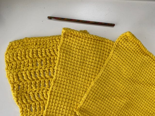 3 yellow rectangles of crochet in Tunisian simple stitch and treble crochet stitch