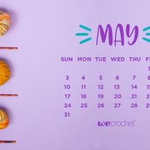 May 2020 calendar with a purple background & yarn and crochet hooks