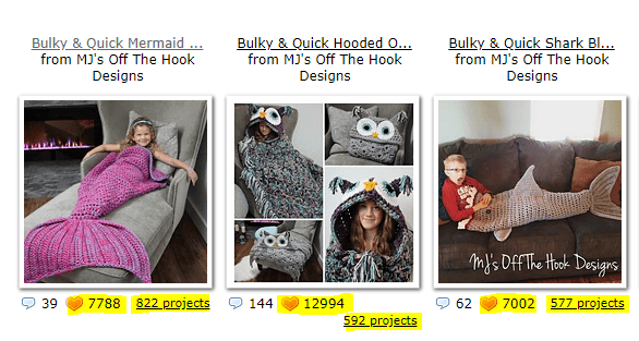 Three thumbnails of Michelle's cocoon blanket patterns: The Bulky & Quick Mermaid Blanket (an image of a little girl wearing a pink fish tail blanket), Bulky & Quick Hooded Owl Blanket, and Bulky & Quick Shark Blanket (an image of a boy wearing a shark blanket on his legs.)
