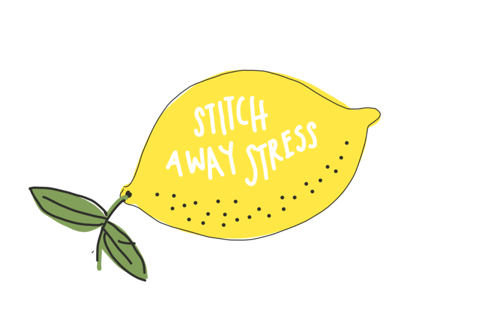 an illustration of a lemon that says "stitch away stress"