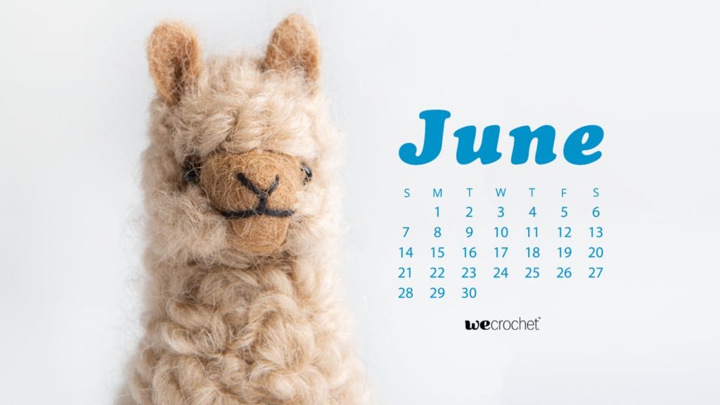 A white background features an adorable tan wooly alpaca toy face looking at you along with a June 2020 calendar