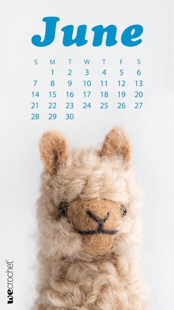 A white background features an adorable tan wooly alpaca toy face looking at you along with a June 2020 calendar
