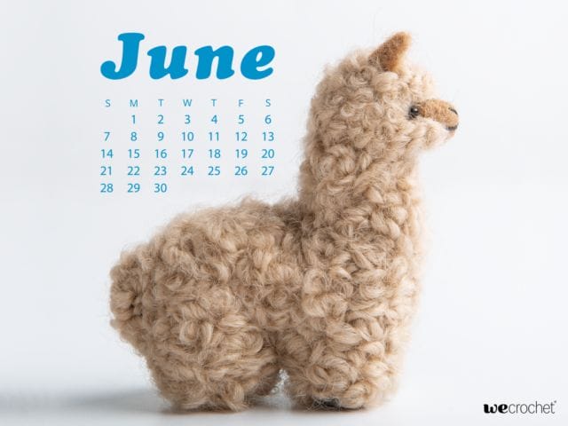 A white background features an adorable tan wooly alpaca toy in profile along with a June 2020 calendar