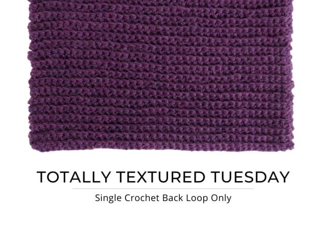 Single crochet back loop only (BLO) crochet swatch. A purple crochet swatch with the text: Totally Textured Tuesday, Single Crochet Back Loop Only