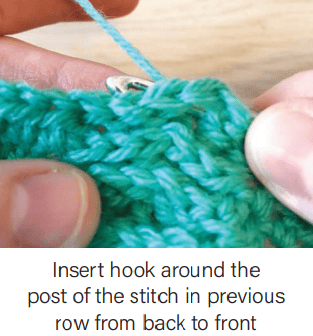 An image of a crochet hook working a green crochet swatch. The hook is being fed from behind the work, around the post of a stitch from back to front to back. Text that says "Insert hook around the post of the stitch in previous row from back to front"