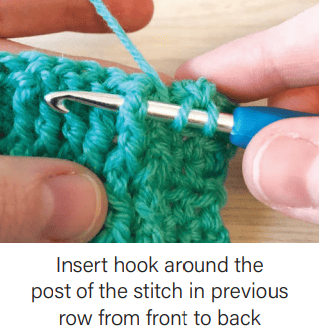 An image of a crochet hook working a green crochet swatch. The hook is being fed around the post of a stitch from front to back to front. Text that says "Insert hook around the post of the stitch in previous row from front to back"