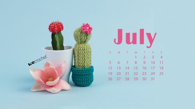 On a blue background, a crocheted cactus sits next to a real cactus with a flower. The July 2020 calendar is superimposed on the background.