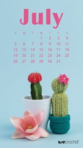 On a blue background, a crocheted cactus sits next to a real cactus with a flower. The July 2020 calendar is superimposed on the background.