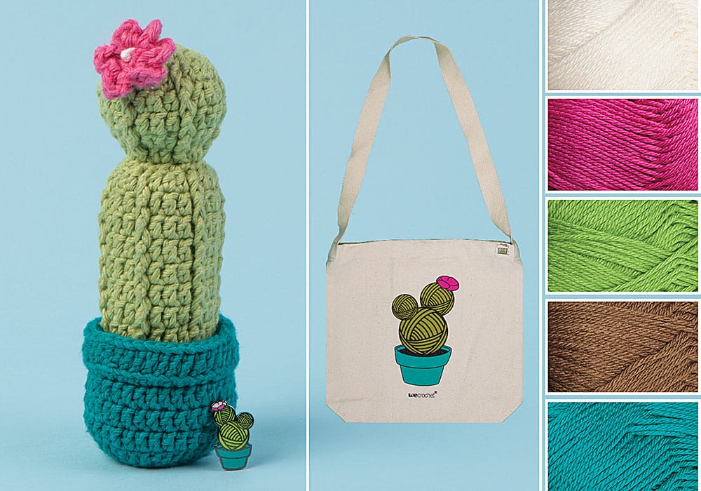 On a blue background: An image of a crocheted cactus with a tiny enamel pin of a yarn cactus. The same graphic of a yarn cactus is on a canvas tote bag, and a collage of 5 yarn colors used for making the crochet cactus.