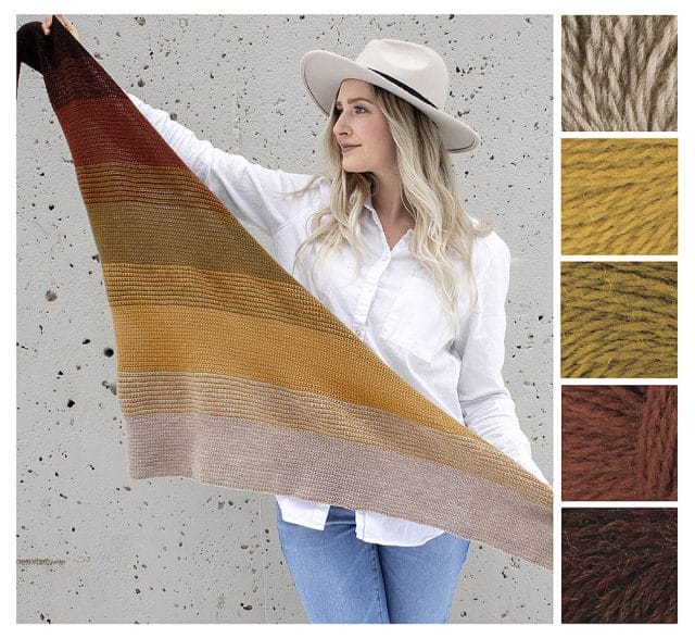 A woman holds a crocheted shawl that fades from dark brown to yellow to light brown. Along the right side are color suggestions for an autumn color palette: tan, gold, brass, copper, and warm espresso brown.