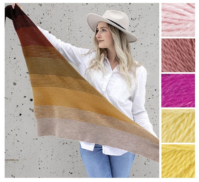 A woman holds a crocheted shawl that fades from dark brown to yellow to light brown. Along the right side are color suggestions for a spring color palette: pale pink, dusty rose, hot pink, light yellow, and gold.