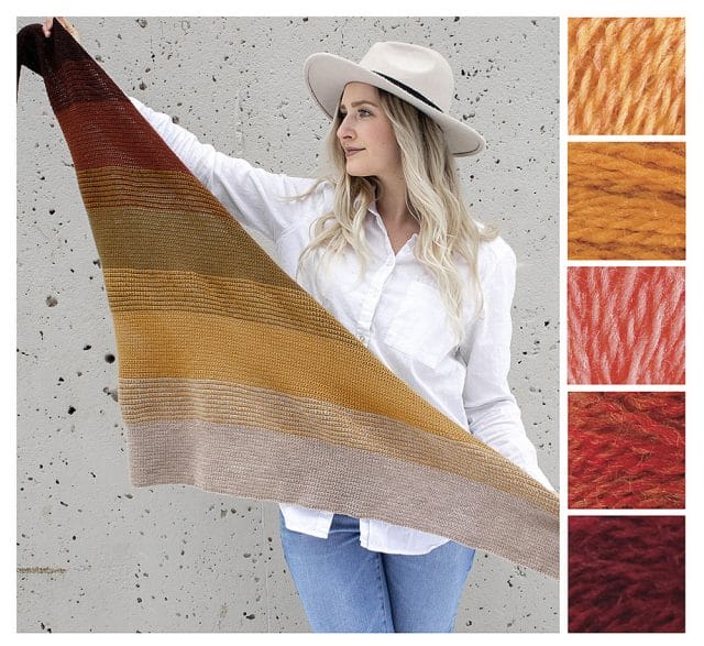 A woman holds a crocheted shawl that fades from dark brown to yellow to light brown. Along the right side are color suggestions for a Summer color palette: peach, gold, coral, red-orange, and burgundy.