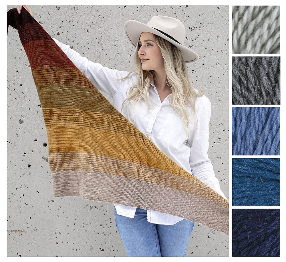 A woman holds a crocheted shawl that fades from dark brown to yellow to light brown. Along the right side are color suggestions for a winter color palette: silver, gunmetal, cornflower, medium blue, and navy.