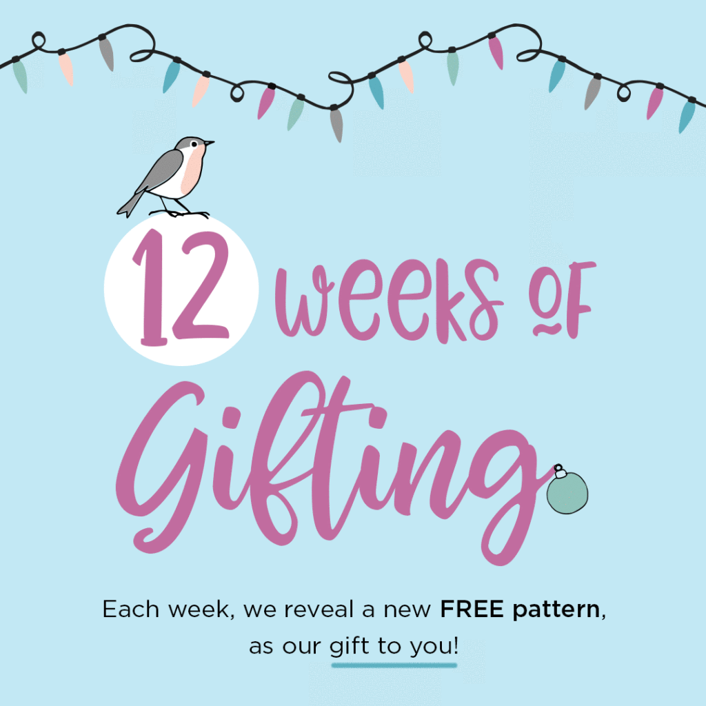 The logo for Crochet.com's 12 Weeks of Gifting: Each week we reveal a new FREE PATTERN as our gift to you.