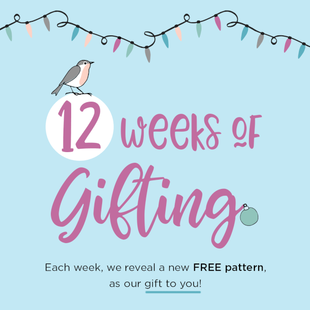 The logo for Crochet.com's 12 Weeks of Gifting: Each week we reveal a new FREE PATTERN as our gift to you. 