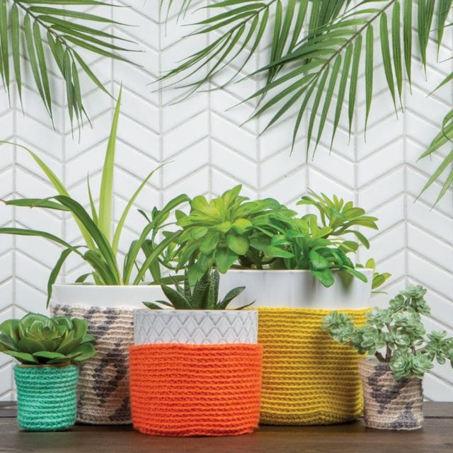 A group of potted plants show off the multicolored Geo Potted Plant Covers