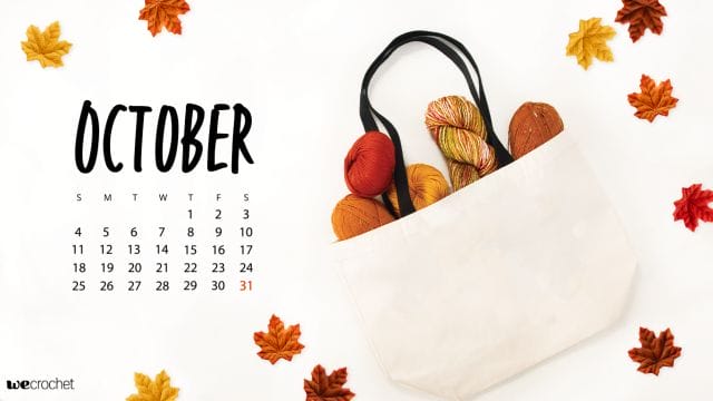 October 2020 downloadable calendar wallpaper featuring a tote bag full of fall-colored yarn and some scattered leaves