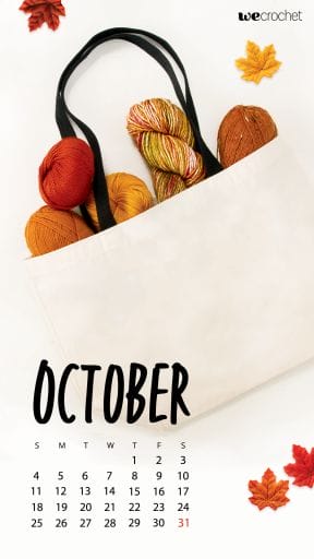 October 2020 downloadable calendar wallpaper featuring a tote bag full of fall-colored yarn and some scattered leaves