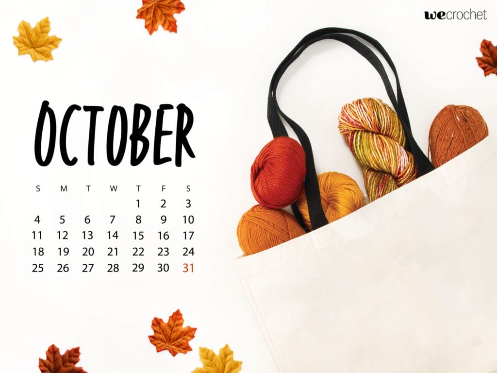 October 2020 downloadable calendar wallpaper featuring a tote bag full of fall-colored yarn and some scattered leaves