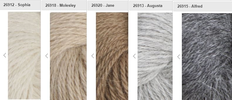 A color palette consisting of five balls of yarn in the following colors: White, Cream, Tan, Light Gray, Dark Gray.