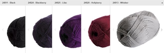 A color palette consisting of five balls of yarn in the following colors: Black, Blackberry, Lilac, Hollyberry, Whisker (gray)