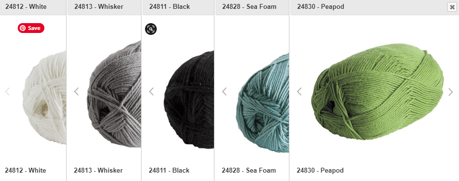 A color palette consisting of five balls of yarn in the following colors: White, Whisker (gray), Black, Sea Foam (aqua), Peapod (bright green)