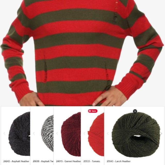 A Red and Olive-striped Freddy Kreuger sweater paired with five balls of Palette yarn in dark gray, gray twist, dark red, tomato red, and olive.