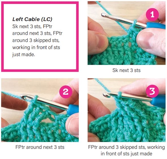 Text says: Crocheting a Left Cable (LC): Sk next 3 sts, FPtr around next 3 sts, FPtr around 3 skipped sts, working in front of sts just made.

Image 1 shows: "Sk next 3 sts"
Image 2 shows: "FPtr around next 3 sts"
Image 3 shows: "FPtr around 3 skipped sts, working in front of sts just made."