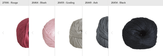 A color palette consisting of five balls of yarn in the following colors: Rouge (dark pink), Blush (light pink), Gosling (light gray), Ash (dark gray), and Black.