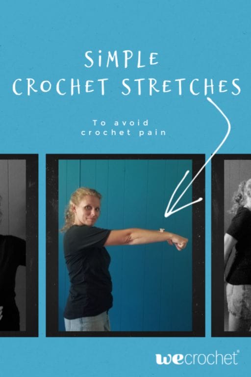 Simple crochet stretches to avoid crochet pain. An image of a woman stretching her arm.