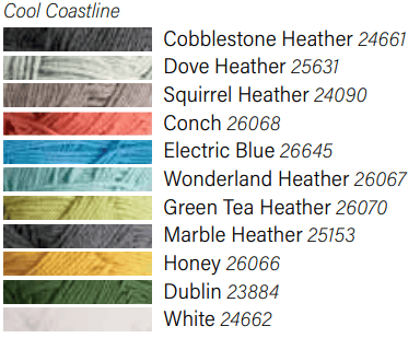 A yarn color palette called "Cool Coastline" featuring a range of cool colors in Swish Worsted yarn.