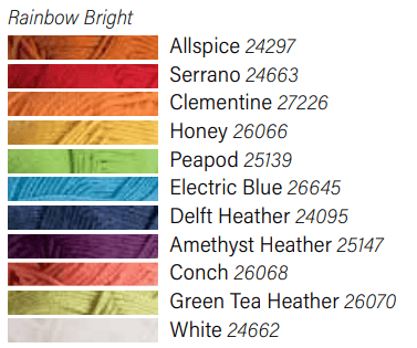 A yarn color palette called "rainbow bright" featuring a range of rainbow colors in Swish Worsted yarn.