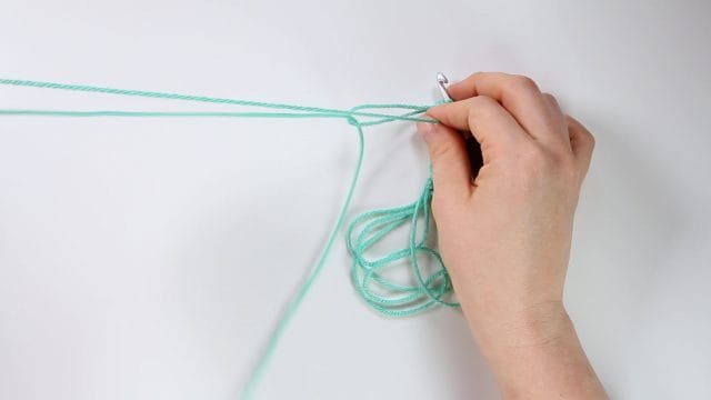 pull the single strand through end of loop to make a new long loop and allow single strand to join it as you crochet. This image shows pulling the loop long.