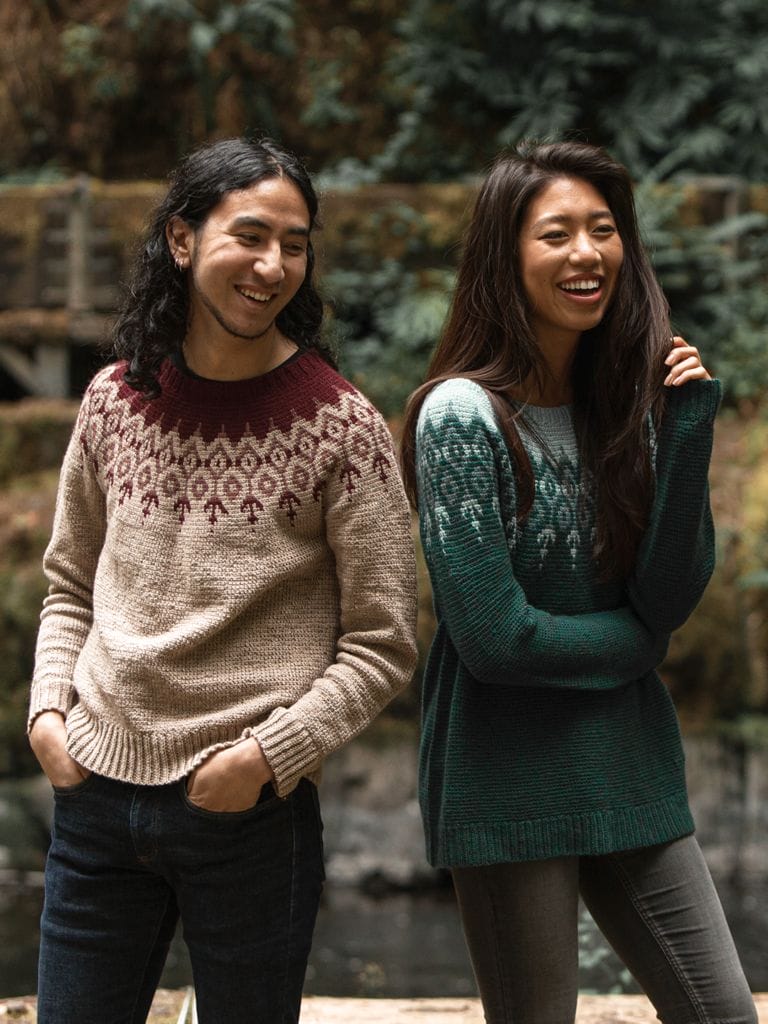 Two models each were a different color of a crocheted sweater: The Pulmu Pullover