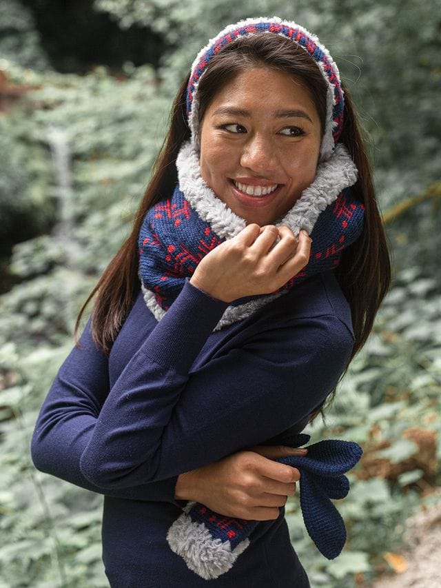 Winter crochet patterns: a model wears a 3-piece crocheted set of earwarmers, cowl, and mittens.