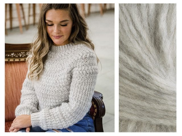 A model wears a light gray crochet pullover - the Macchiato Sweater by Crochet Foundry