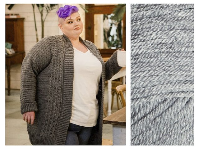 A model wears a gray crocheted cardigan - the double espresso cardigan by Crochet Foundry
