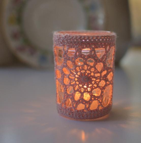 Zinnia Votive: A crocheted candle holder cover with a lacy pattern