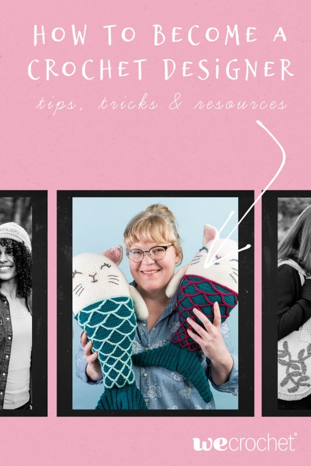 How to become a crochet designer: Tips, tricks, and resources. A pink background with a film strip, the main image showing a woman smiling and holding up two crocheted amigurumi cat-mermaid toys