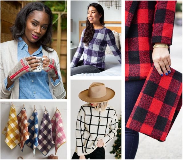 Plaid Moodboard featuring: Plaid Mitts, a Gingham Sweater, a Matching coat & clutch, dish towels, and a grid-style plaid pullover.